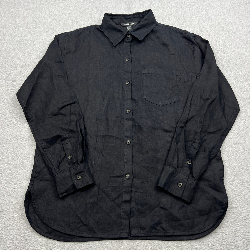 Athleta Retreat Linen Top Womens Small Black Button Up Long Sleeve Shirt 850931